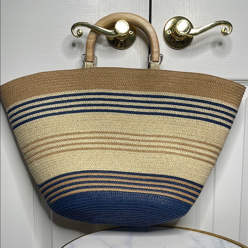 NWT Striped Tan and Blue Woven Tote Bag